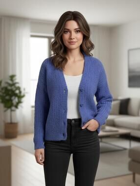 Easy Clothes Blue Button-Up Knit Cardigan Sweater S/M